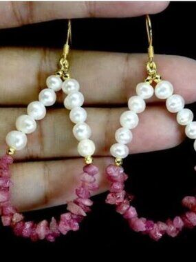 925 Sterling Silver Earrings - Rough Pink Tourmaline & Pearl Gemstones